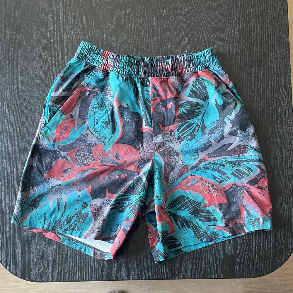 lululemon Printed Elastic Waist Shorts in Teal & Coral Accents